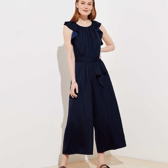 Loft Navy Satin Silky Flutter Sleeve Wide Leg Jumpsuit Sz 8 Contemporary Modern - Picture 1 of 16
